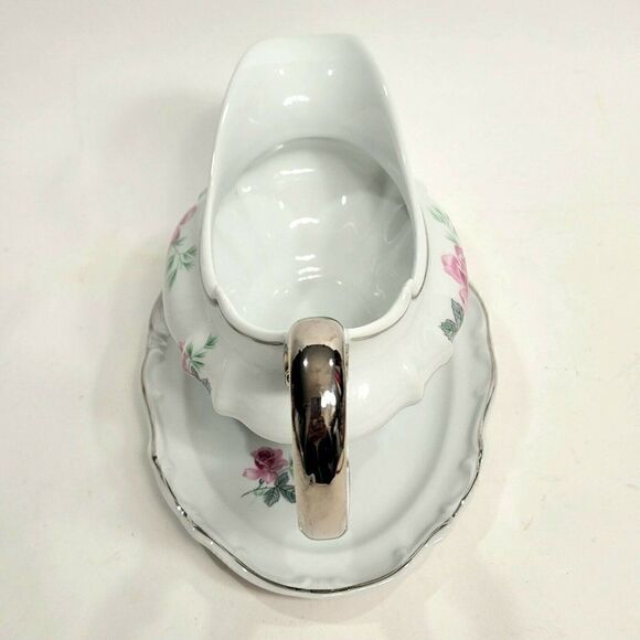 Home Arts ENCHANTED ROSE Pink Gravy Boat with Attached Underplate Germany - Picture 9 of 11